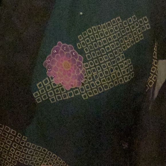 Womens Semi Sheer Silk Blouse Black Floral w/clear beads Unbranded - Picture 8 of 10